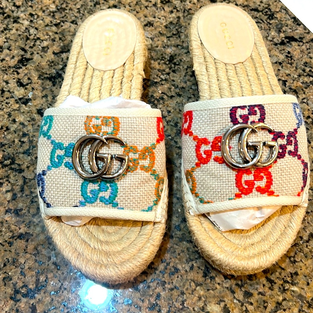 Authentic Gucci GG Multi-Color Espadrille Slides. EUC.